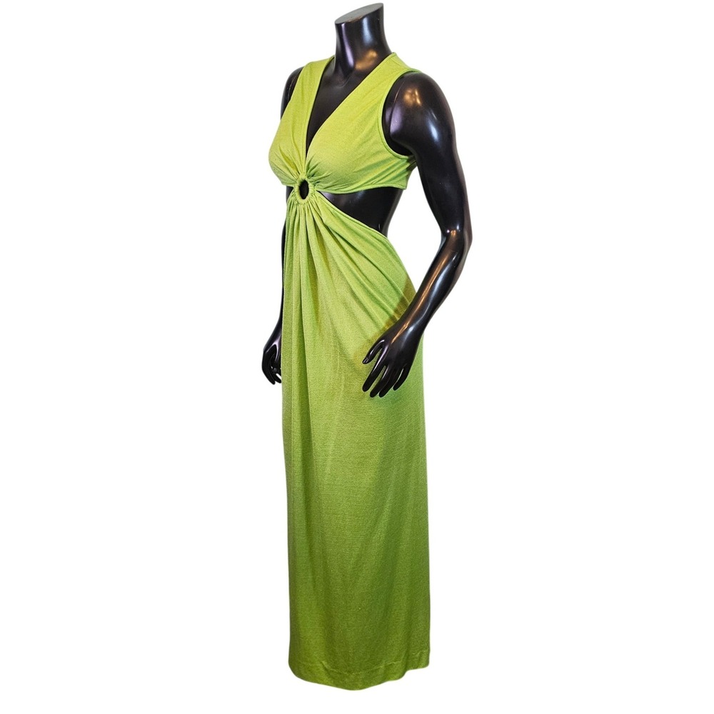 Vintage 70s Lime Green Oring Cutout Maxi Dress Disco Textured Knit Sleeveless View 2